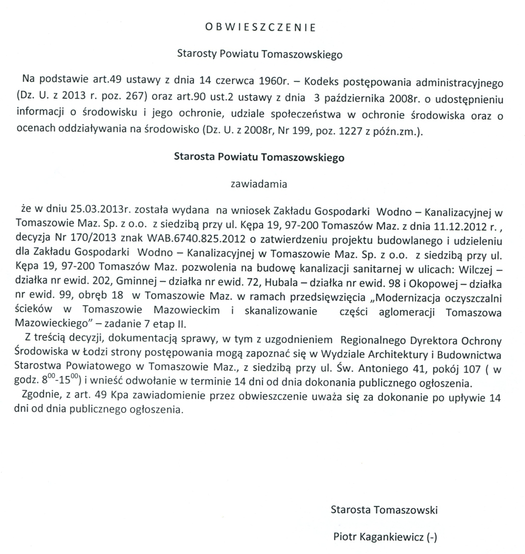obwieszczenie starosty powiatu tomaszowskiego 25 03 2013