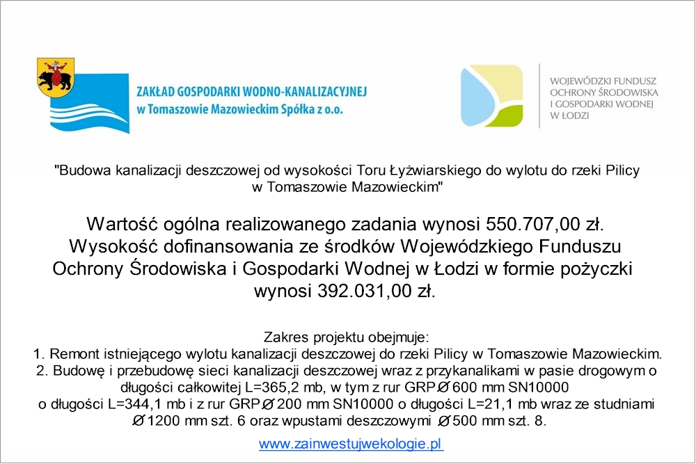 Budowa kanalizacji deszczowej od wysokości Toru Łyżwiarskiego do wylotu do rzeki Pilicy w Tomaszowie Mazowieckim
